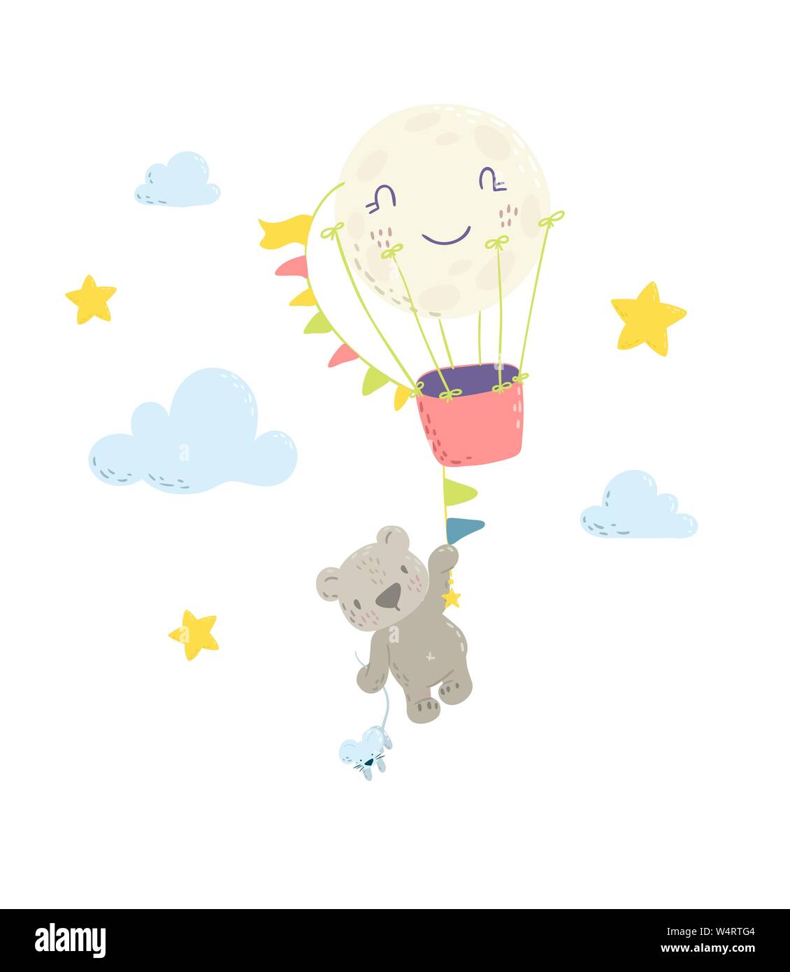 Cute bear is flying in a hot air balloon cartoon flat vector ...