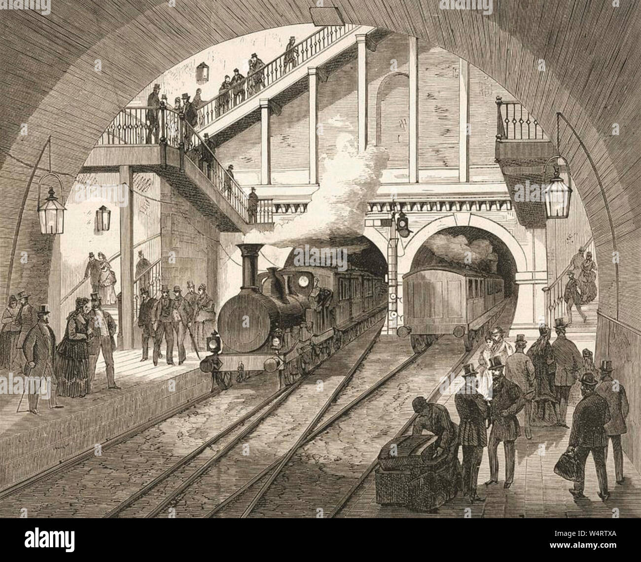 WAPPING STATION, London, about 1870 showing a steam train arriving via the Thames Tunnel Stock Photo