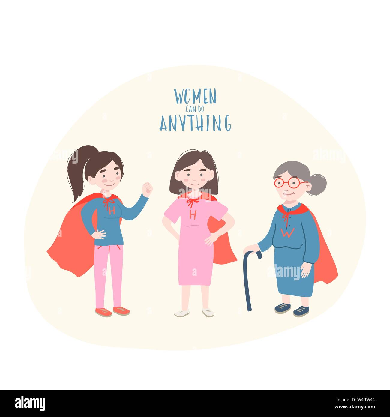 Superhero mother and daughter in superheroes costume. Superpowers women. Cartoon style vector feminism concept – women can do anything for party, invitations, web, print. Stock Vector