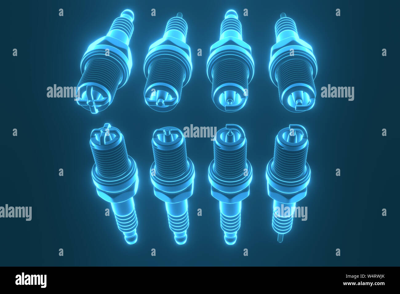 Spare parts spark plugs on blue background for car and motorcycle. New