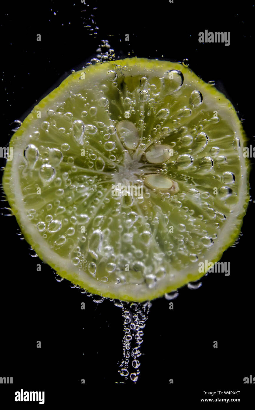 Close-up of a slice of lemon in soda water Stock Photo