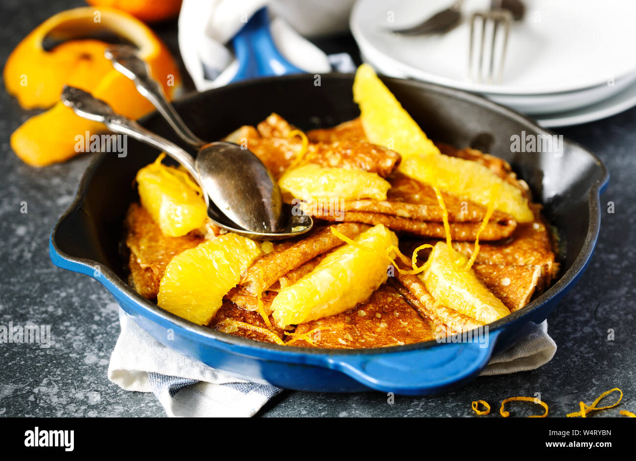 Crepes Suzette in a frying pan Stock Photo
