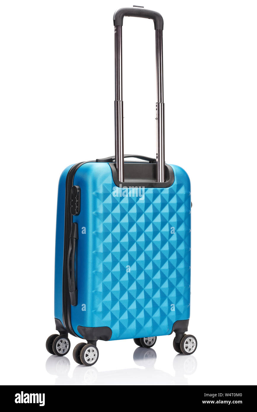 blue wheeled suitcase with handle isolated on white Stock Photo