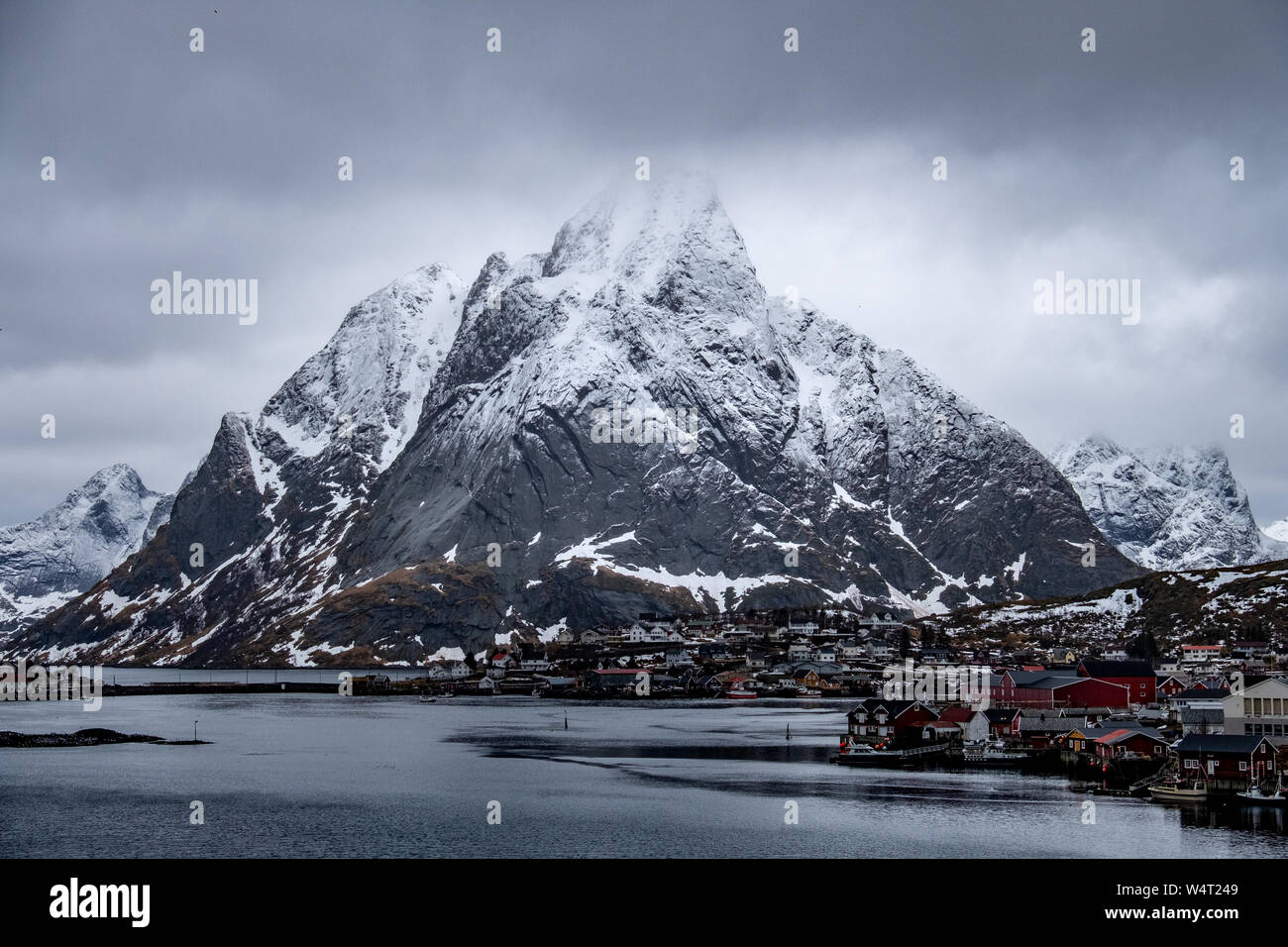 Moody sky over Reine, Moskenesoya, Lofoten, Nordland, Norway Stock Photo