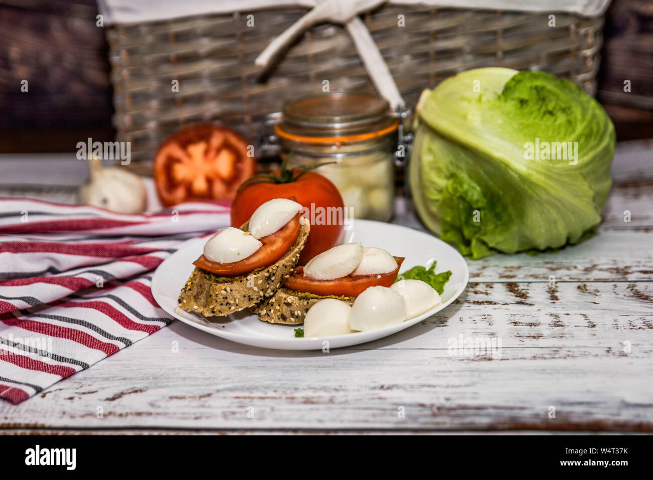 Mozzarella and tomato on bread Stock Photo