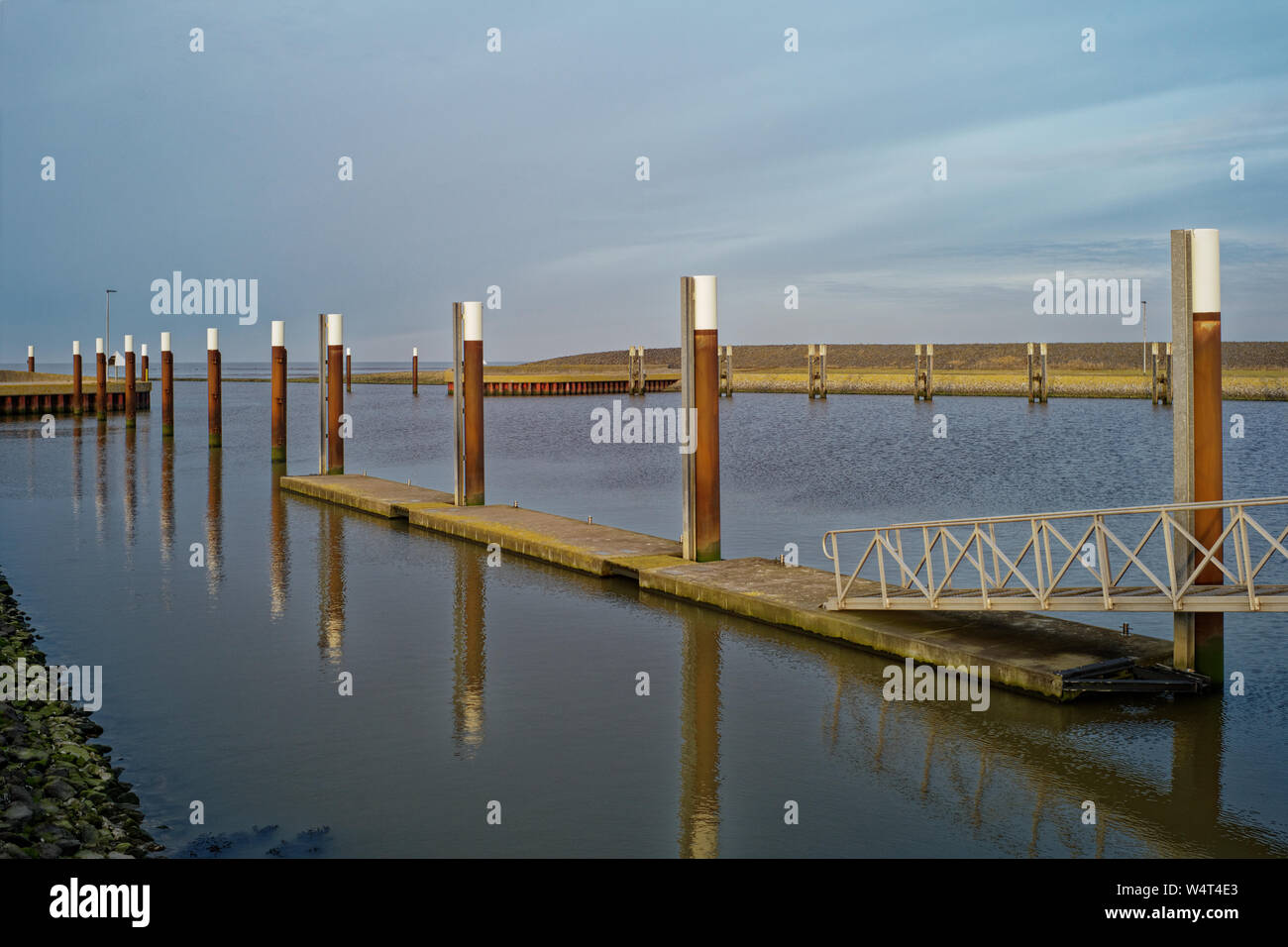 Empty marina at the Leyhorn Sluice, East Frisia, Lower Saxony, Germany Stock Photo