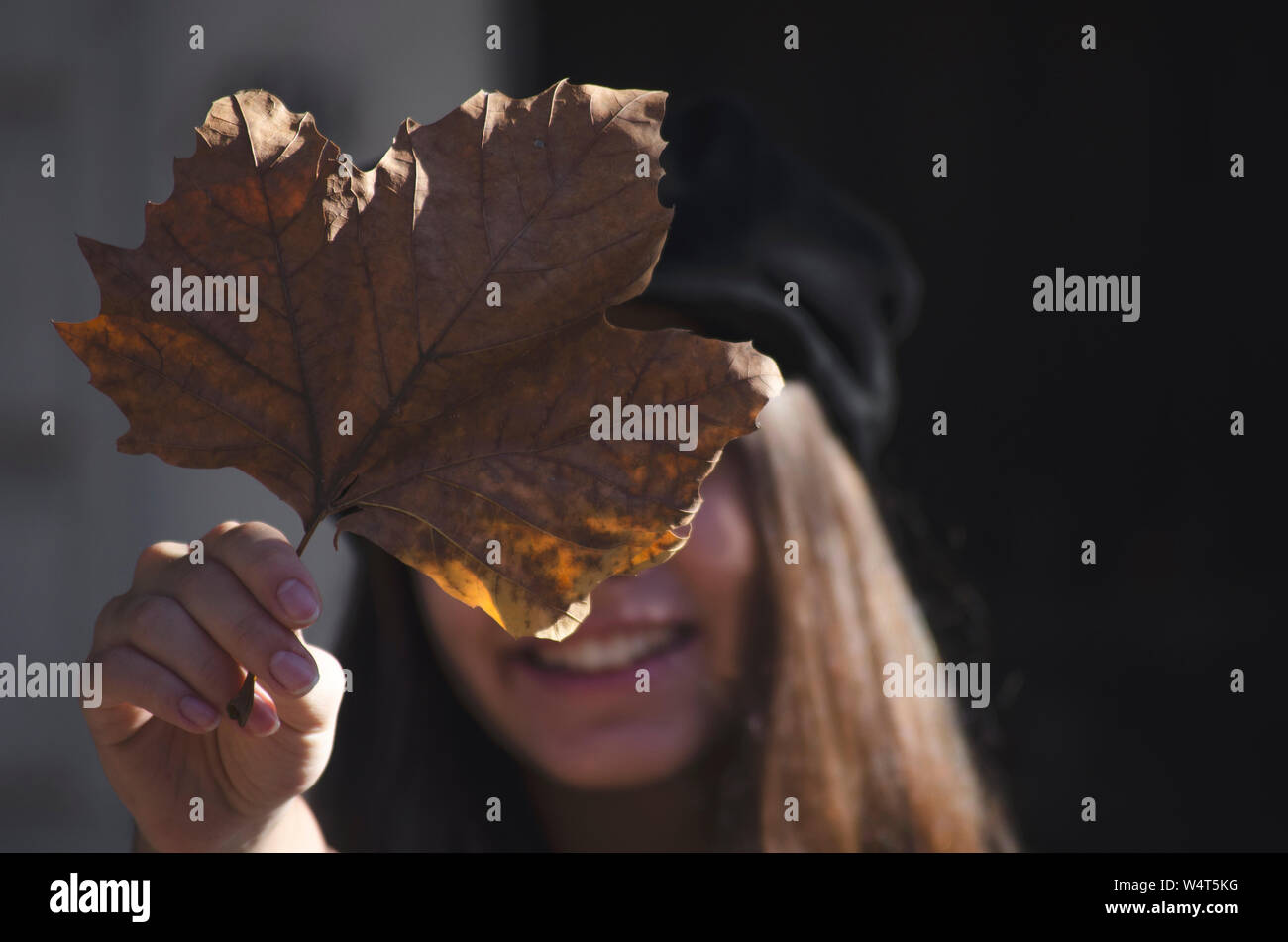 Smiling teenage girl holding an autumn leaf in front of her face ...