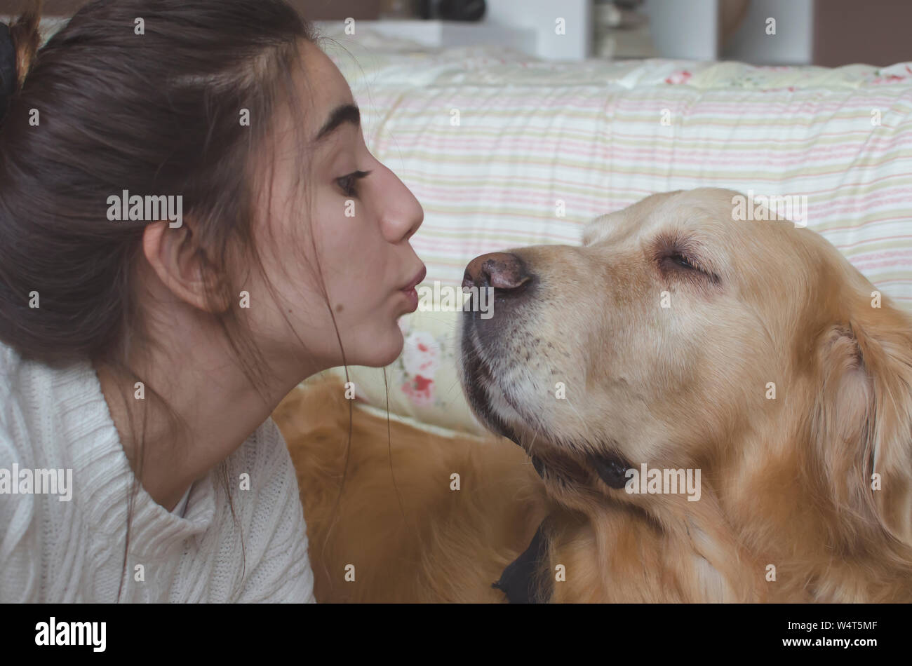 Teenage girl kissing her golden retriever dog Stock Photo