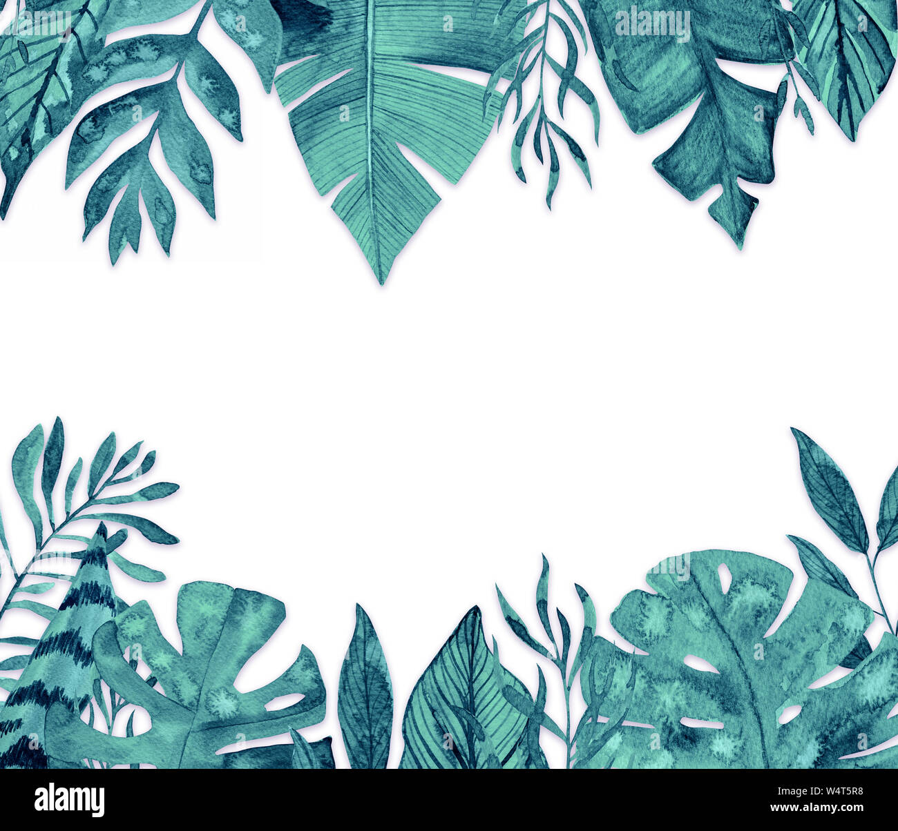 Watercolor tropical leaves frame on white background Stock Photo