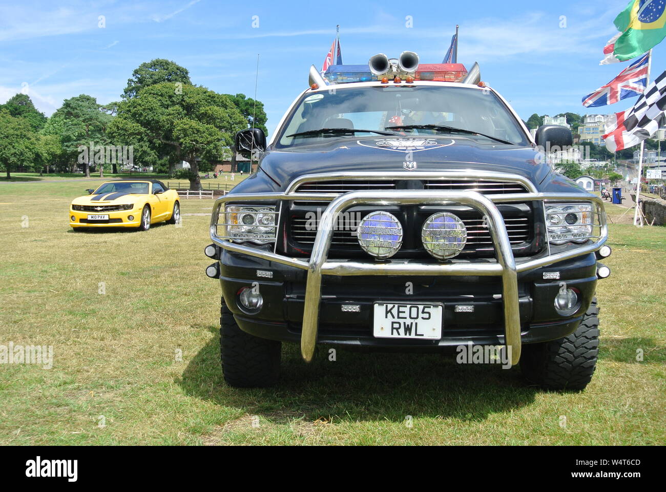 Planet Circus Dodge Ram in the colours of Transformers Decepticon Barricade at Torre Abbey, Torquay, Devon, England. UK. Stock Photo