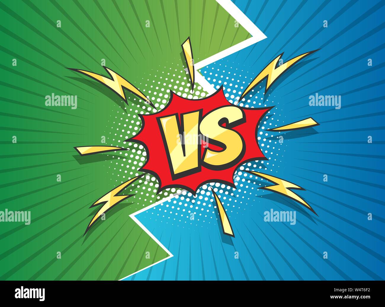 Versus Sign with Lightning background drawn in retro comic frame. Team Competition or Fighting design template. Vector illustration Stock Vector