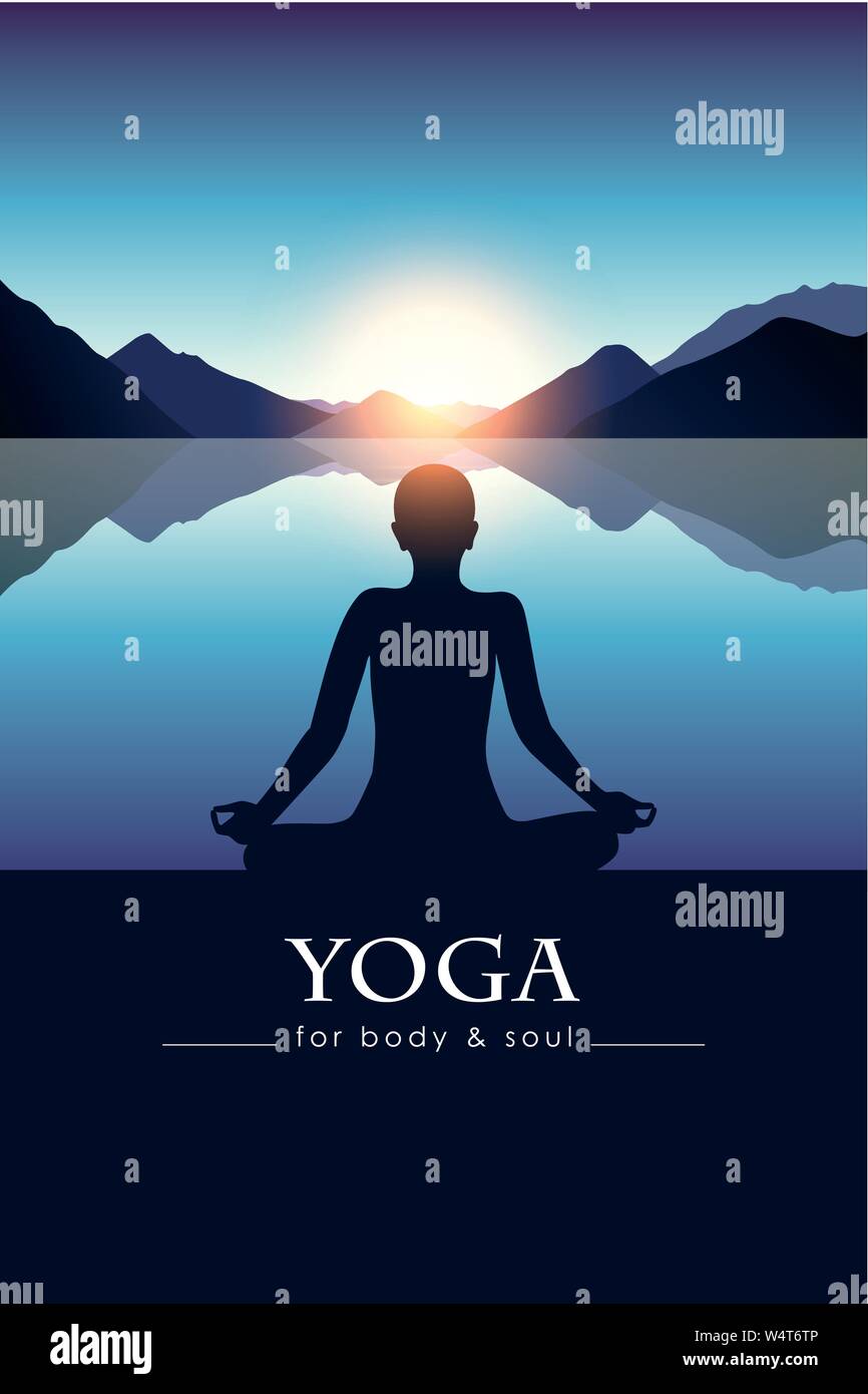 yoga for body and soul meditating person silhouette by the lake with blue mountain landscape vector illustration EPS10 Stock Vector