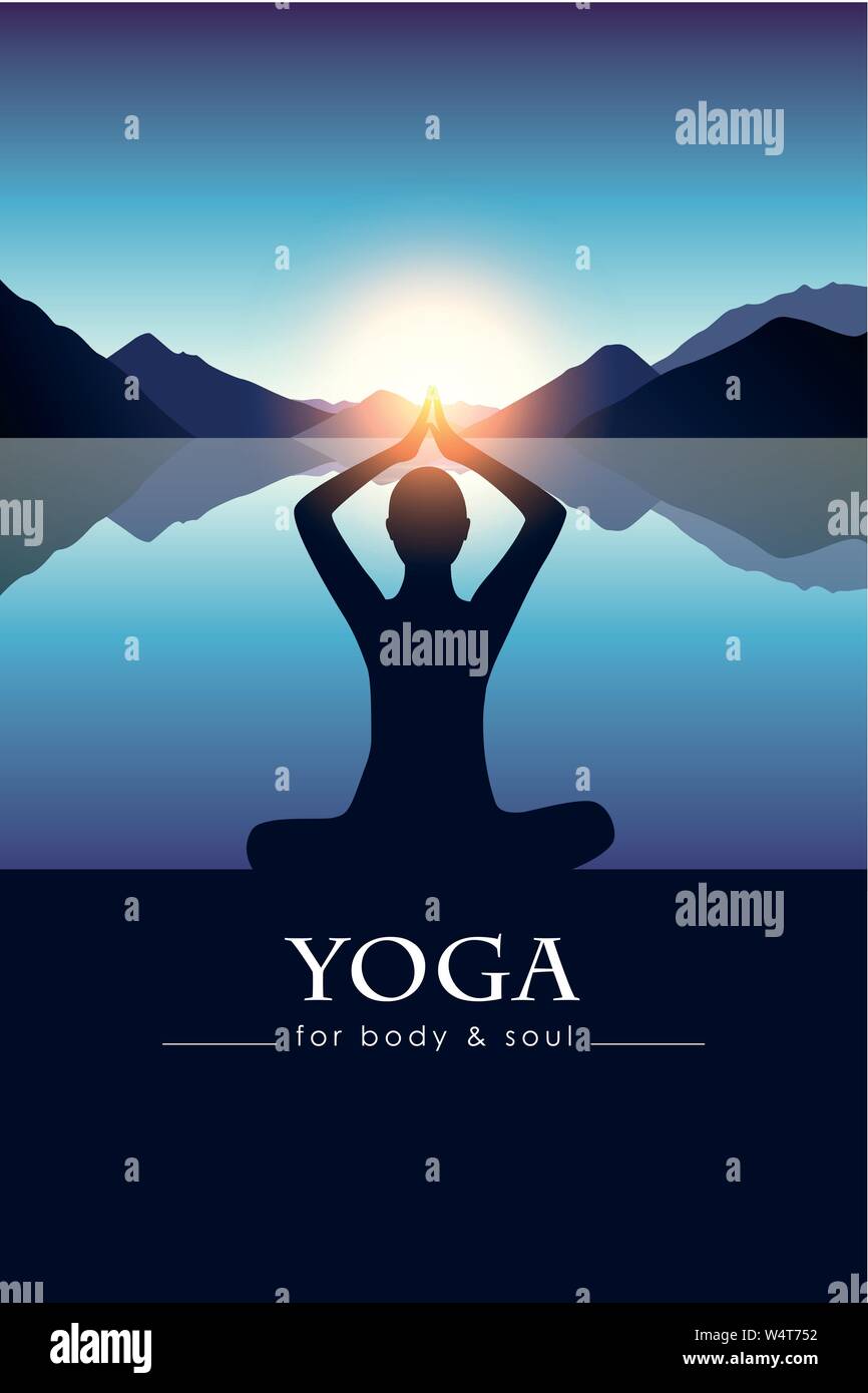yoga for body and soul meditating person silhouette by the lake with blue mountain landscape vector illustration EPS10 Stock Vector