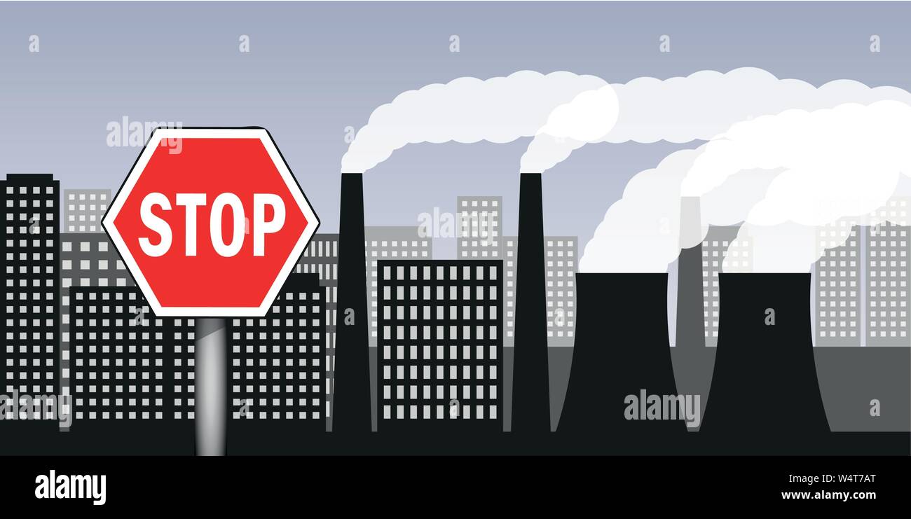 city and industry with air pollution industry smog and stop warning sign vector illustration EPS10 Stock Vector