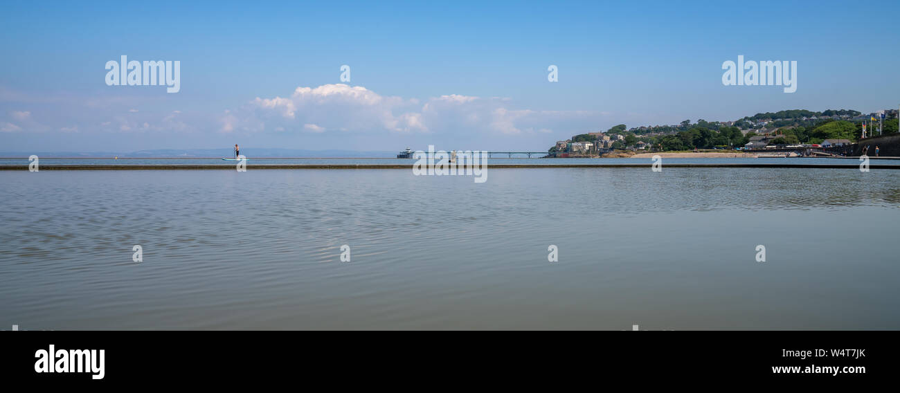 A view of the Marina Lake and Clevedon Victorian Pier, North Somerset, United Kingdom Stock Photo