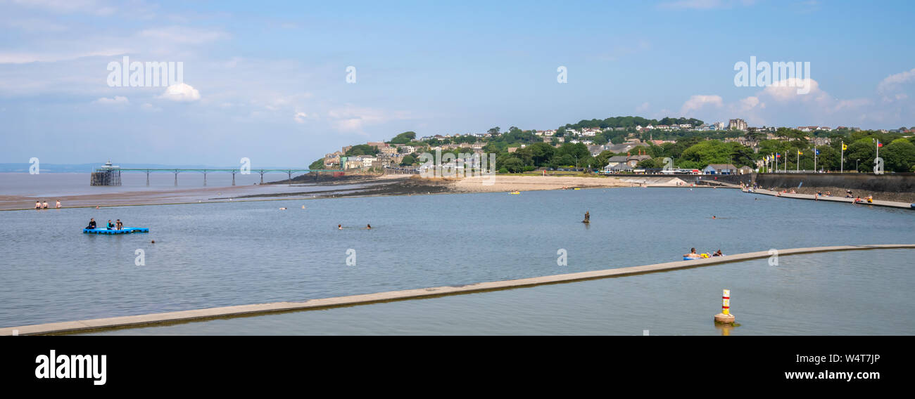A view of the Marina Lake and Clevedon Victorian Pier, North Somerset, United Kingdom Stock Photo