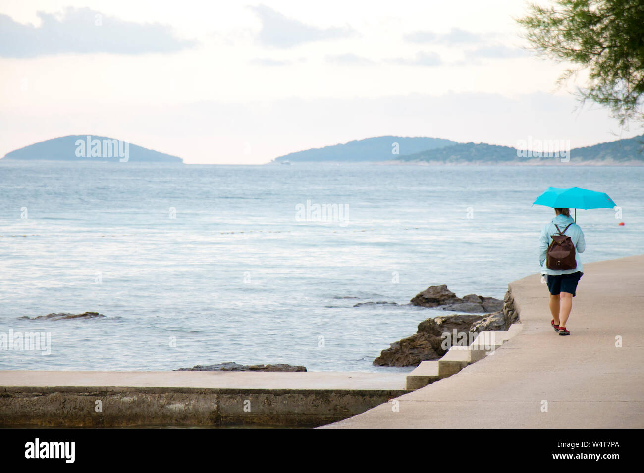 One young woman walking alone under umbrella by the sea  on a rainy day, from behind Stock Photo
