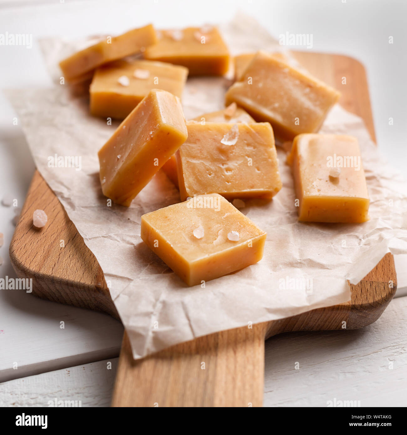 Salted caramel pieces and sea salt. Golden Butterscotch toffee caramels