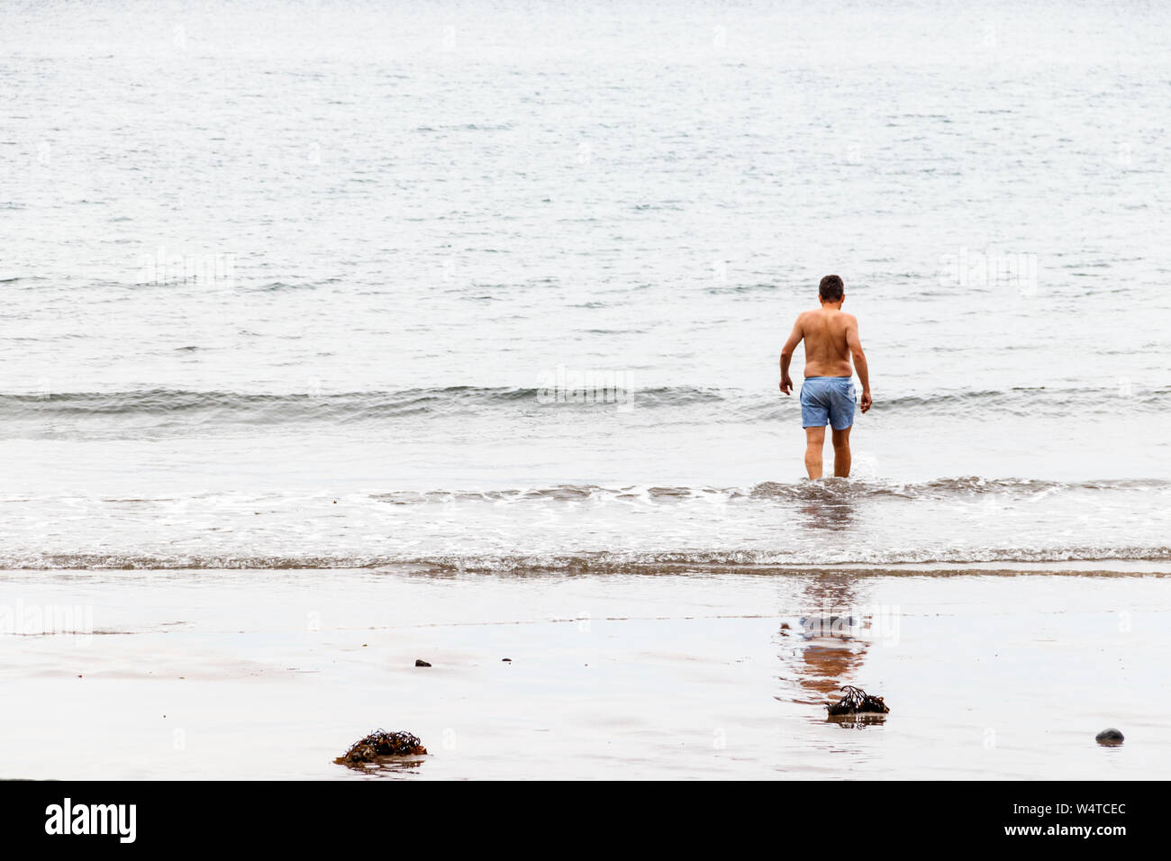 A single male swimmer wades into the sea to cool off in the sea at Buck's Mills as temperatures rise, Devon, UK Stock Photo