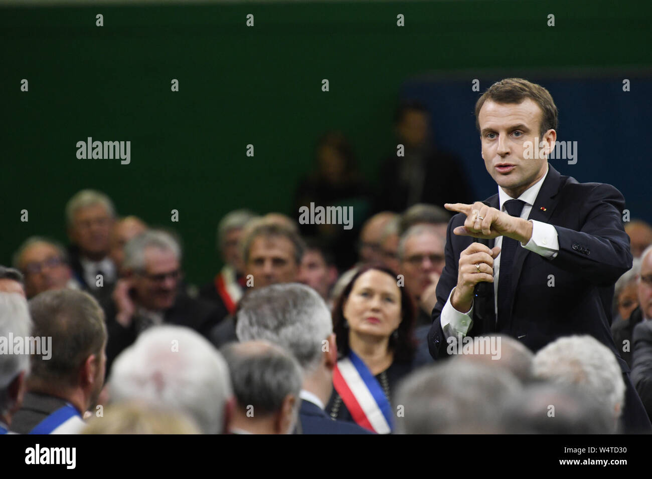 Emmanuel Macron on the occasion of the launching of the Great National Debate in Grand Bourgtheroulde (northern France) on 2019/01/15 Stock Photo