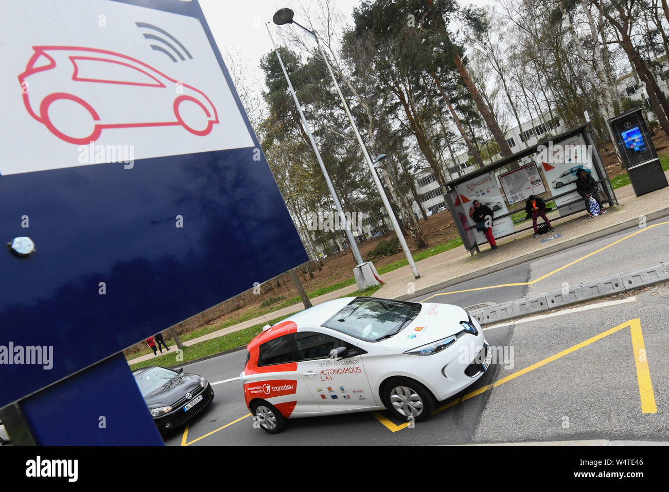 Autonomous car testing on the campus of Madrillet, in Saint-Etienne-du-Rouvray (Normandy, northern France) on 2019/03/28. The Metropole Rouen Normandi Stock Photo