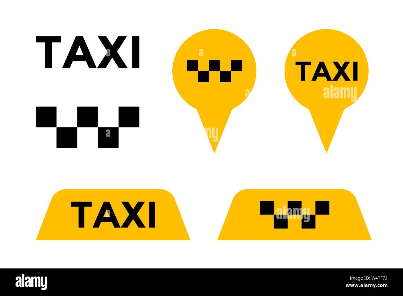 Taxi cab service vector icon set. Yellow signboard and pin signs of passenger city transport markers. Vector element illustration Stock Vector