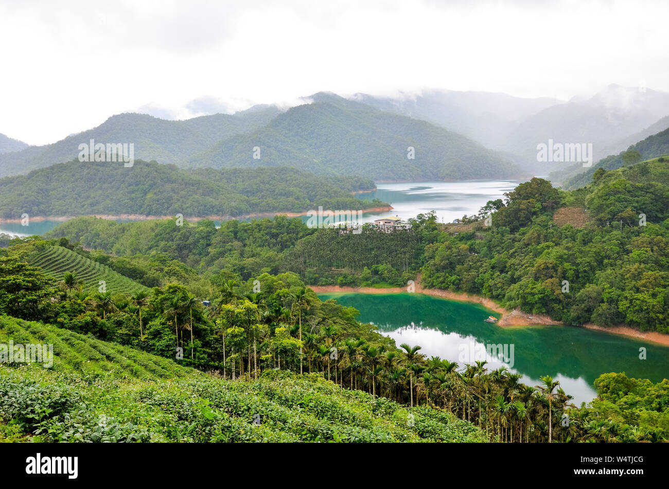 Beautiful landscape by Thousand Island Lake with Pinglin Tea Plantation in Taiwan. Surrounded by green tropical forest. Turquoise water. Moody weather. Amazing China, Asia. Stock Photo