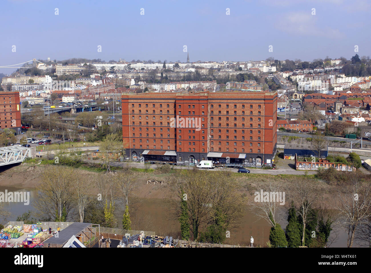 tobacco warehouse bristol Aerial view of the Bonded Tobacco Warehouse at Bristol Docks with Clifton  Suspension Bridge in background Stock Photo