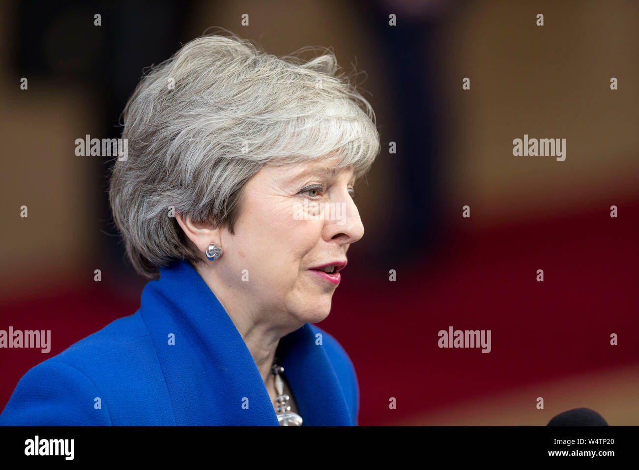 Belgium, Brussels, April 10th, 2019: European summit on Brexit, UK's leave from the European Union. British Prime Minister Theresa May arriving at the Stock Photo