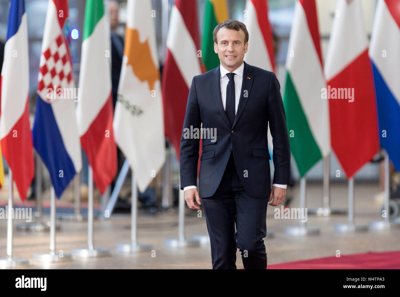 Belgium, Brussels, April 10th, 2019: European summit on Brexit, UK's leave from the European Union. French President Emmanuel Macron in front of EU me Stock Photo