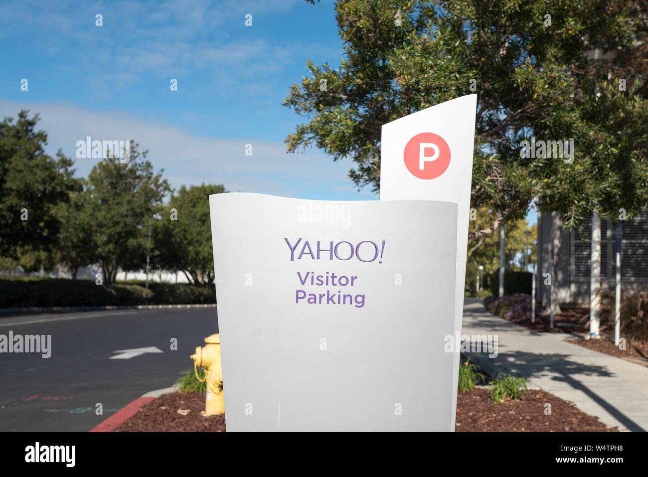 Sign with logo for Internet company Yahoo near the company's regional headquarters in the Silicon Valley town of Sunnyvale, California, October 28, 2018. () Stock Photo