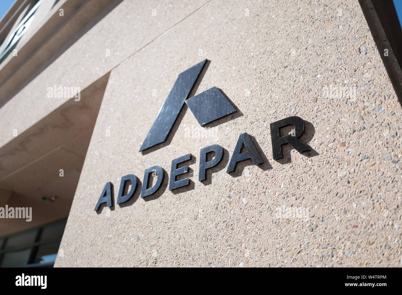 Close-up of logo for cloud financial management technology company Addepar in the Silicon Valley town of Mountain View, California, October 28, 2018. () Stock Photo