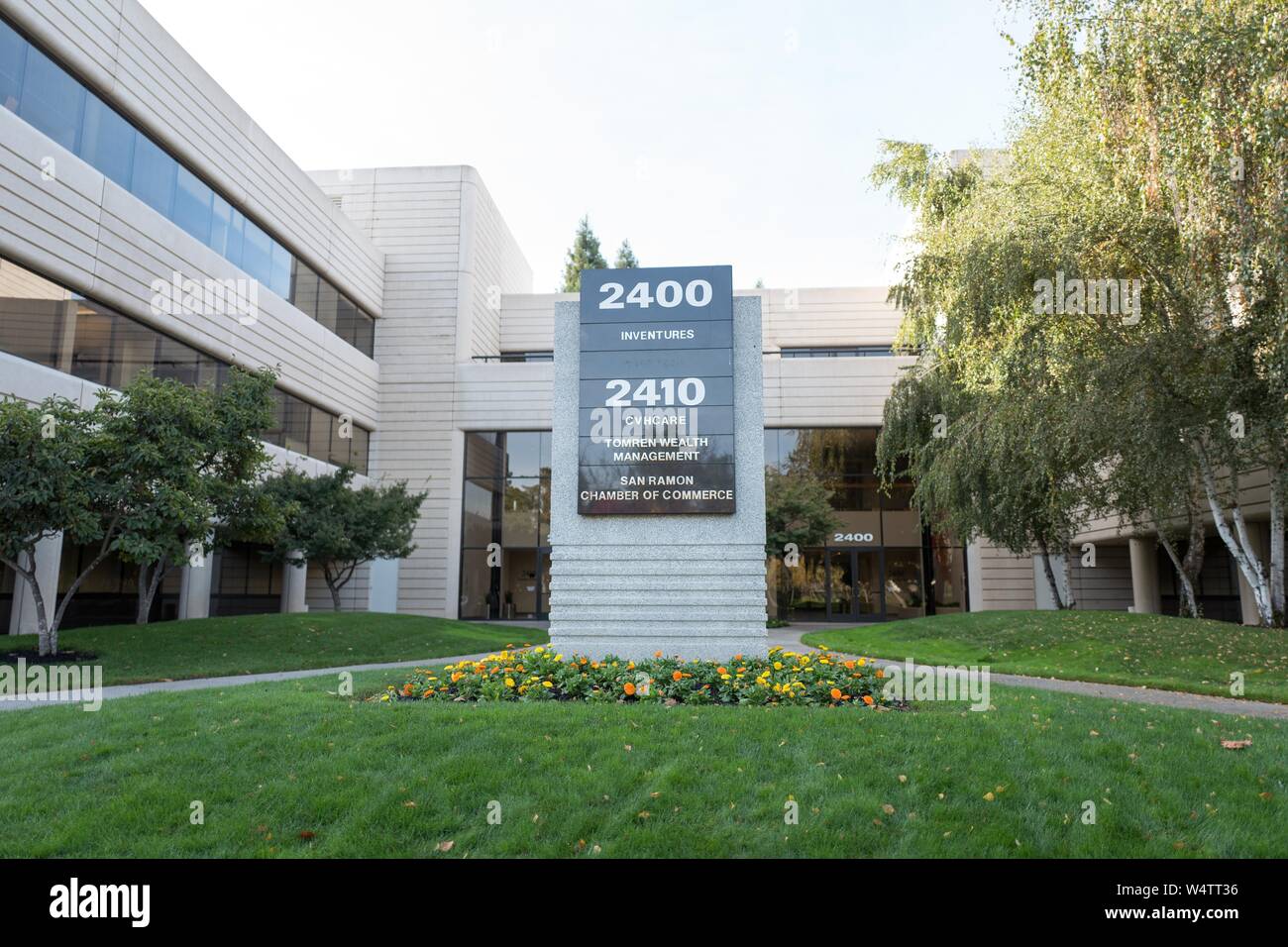 Sign for Inventures, Cyncare, Tomren Wealth Management and the San Ramon Chamber of Commerce at Bishop Ranch office park in San Ramon, California, November 4, 2018. () Stock Photo