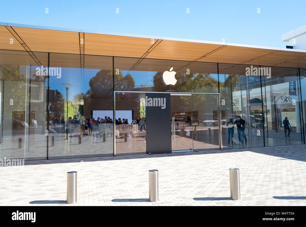 Facade of newly constructed Apple Computers store with logo visible at the luxury Broadway Plaza shopping mall in Walnut Creek, California, October 30, 2018. () Stock Photo