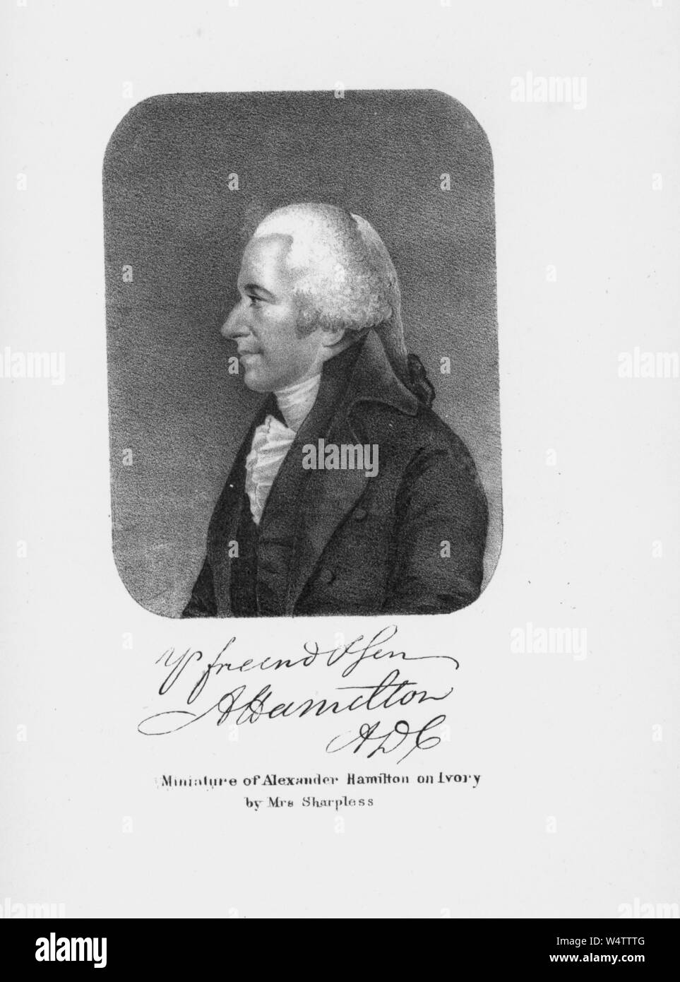 Engraved portrait of Alexander Hamilton, one of the Founding Fathers of the United States, an American statesman from Charlestown, Nevis, 1775. () Stock Photo