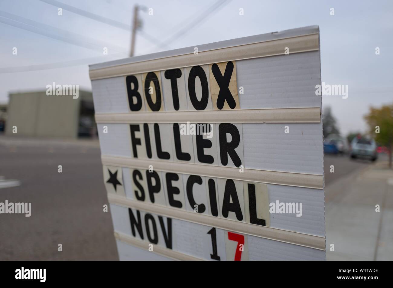 Sign advertising Botox filler injections on sale as part of a holiday promotion at a medical spa in Livermore, California, November 19, 2018. () Stock Photo