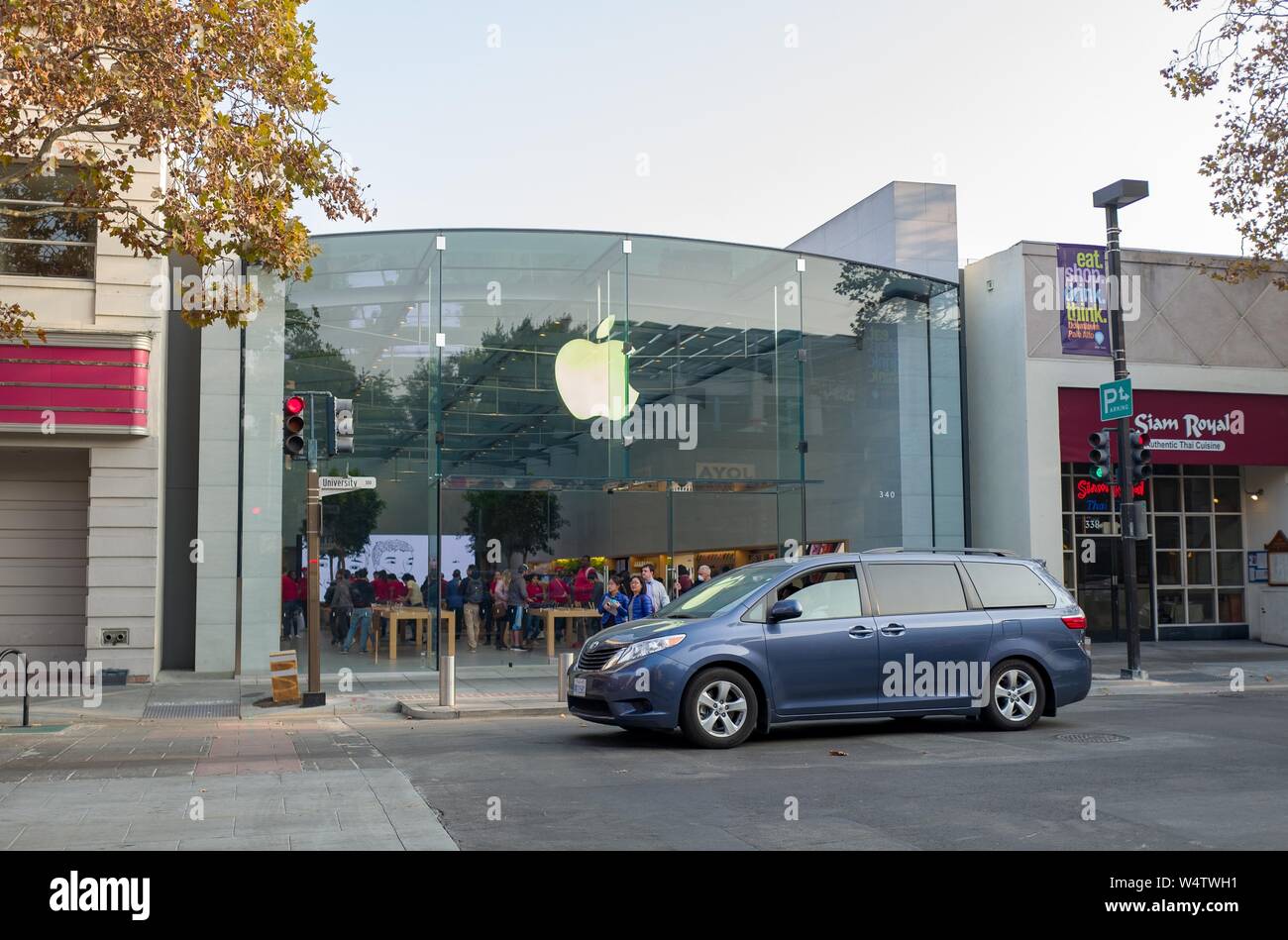 Facade of the flagship Apple Computers store in the Silicon Valley town of Palo Alto, California, November 17, 2018. () Stock Photo