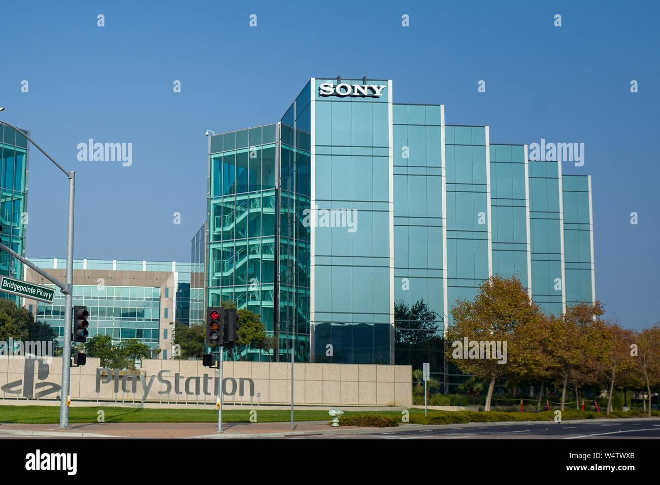 Facade at regional headquarters of Sony Interactive Entertainment, as well as headquarters of the PlayStation division of Sony, in the Silicon Valley, Foster City, California, November 17, 2018. () Stock Photo