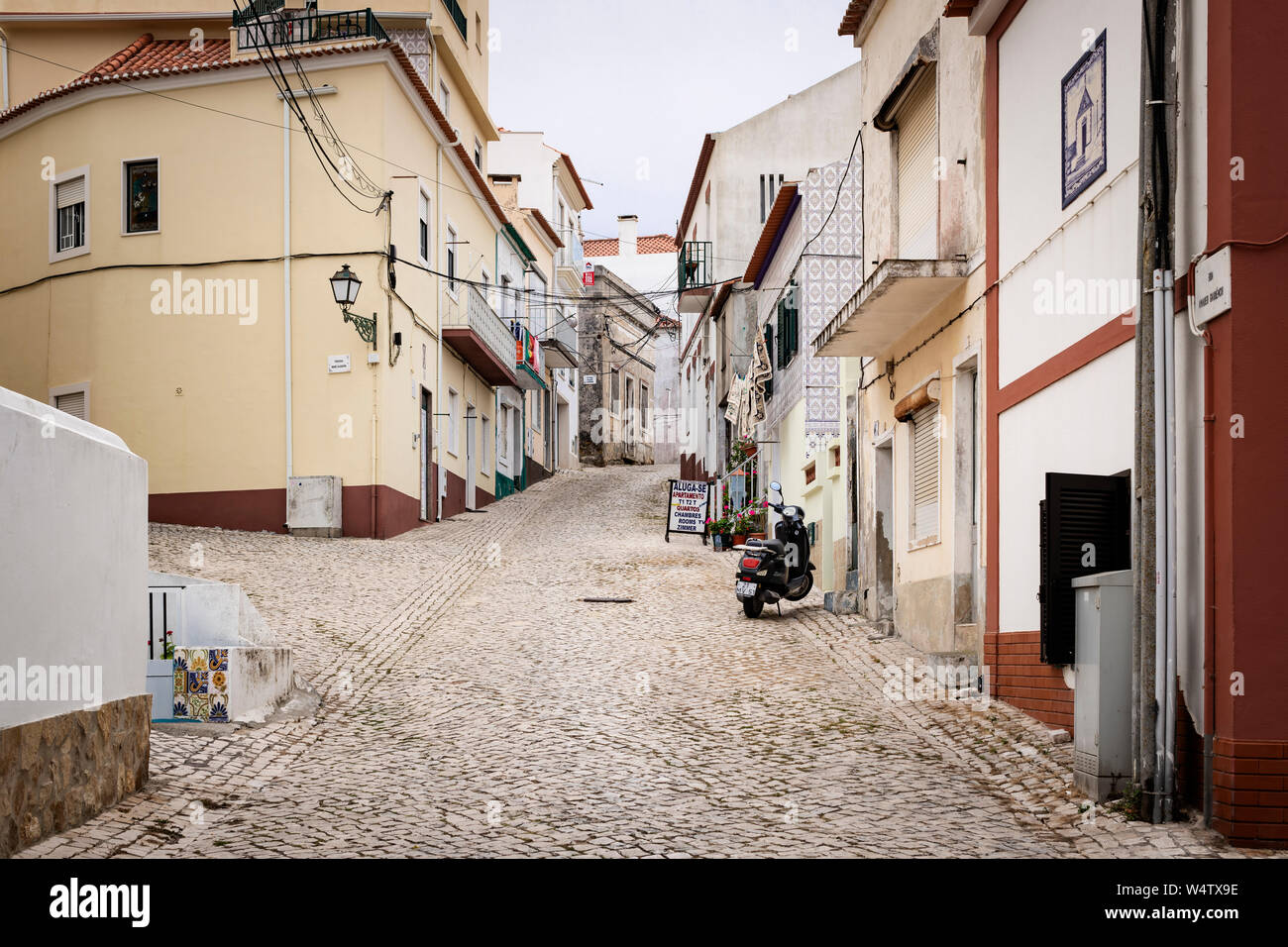 Nazare Sitio, Portugal - July 19 2019: Rua Amadeu Gaudencio, a typical rustic Portuguese street Stock Photo