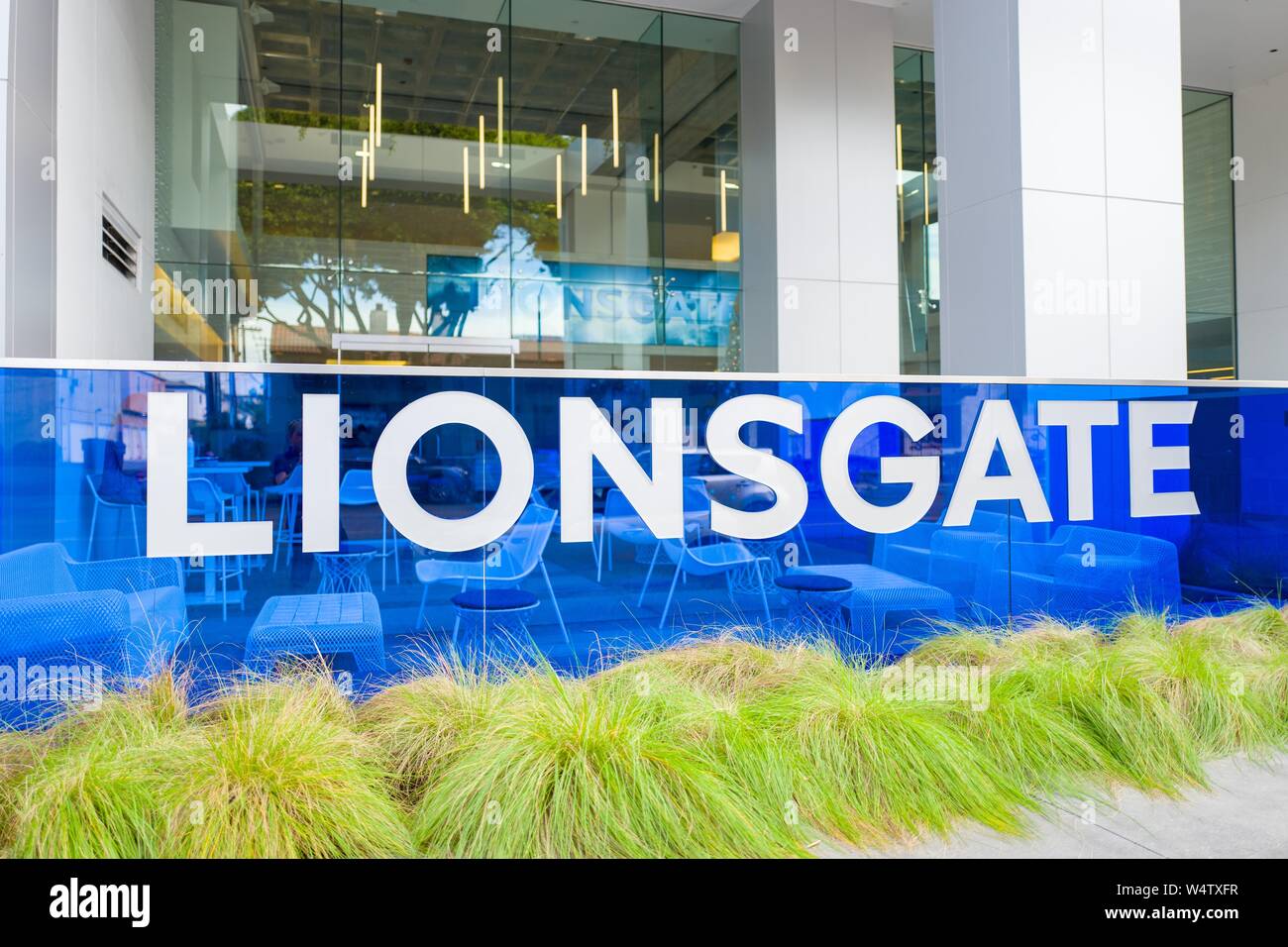 Sign on facade at headquarters of Lionsgate Films in the Silicon Beach neighborhood of Los Angeles, California, December 10, 2018. () Stock Photo