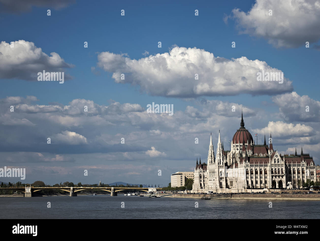 Margit Side Hungarian Parliament building seen from the side across danube river ...