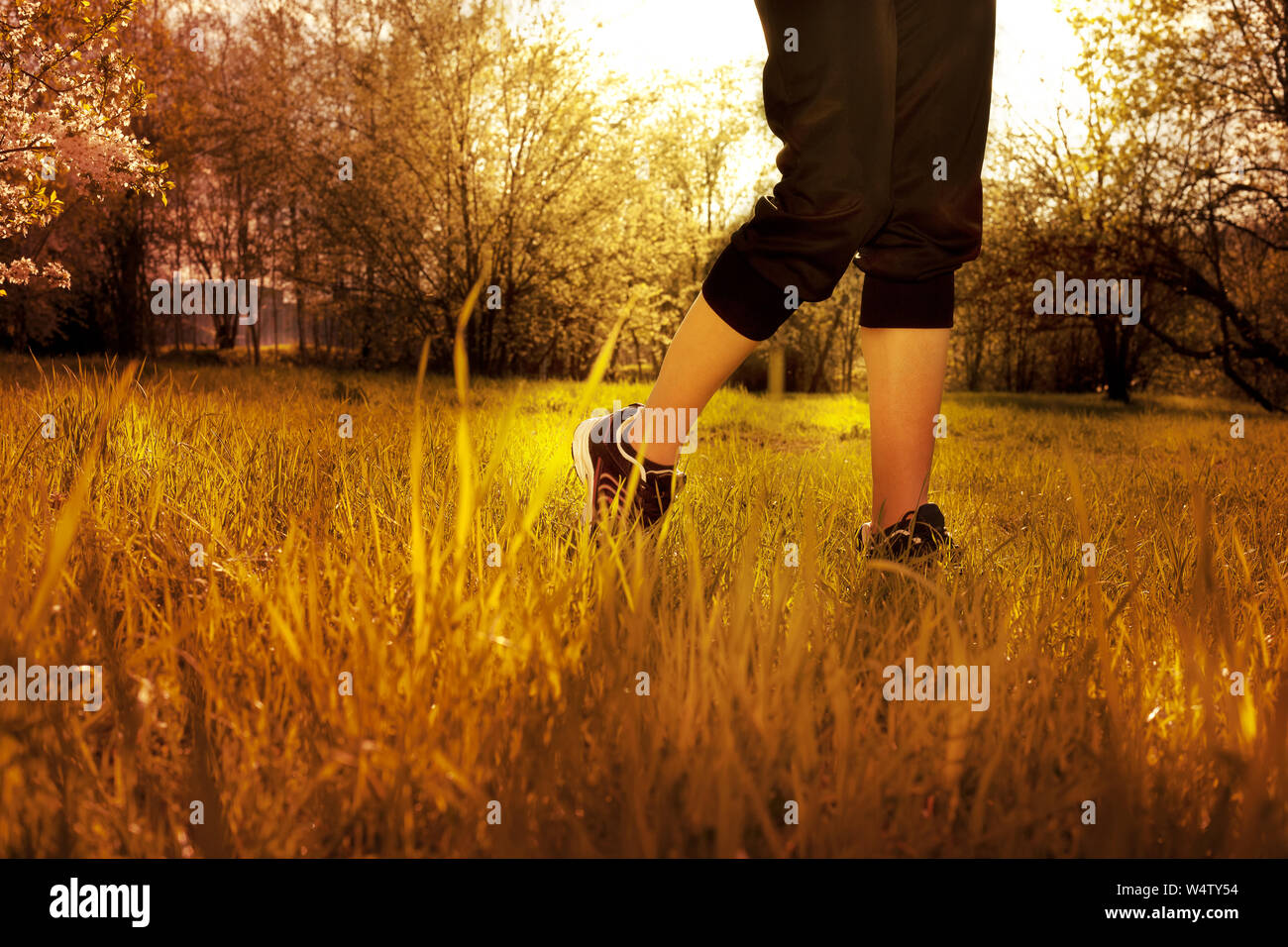 Athlete runner feet running on grass closeup on shoe. Woman fitness
