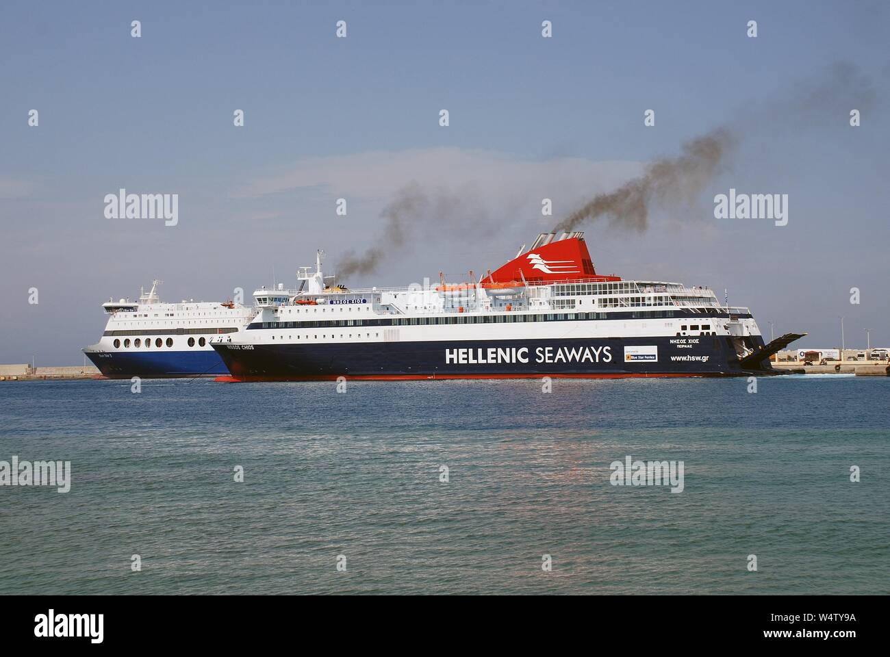 Hellenic Seaways ferry Nissos Chios departs Akandia harbour in Rhodes Town on the Greek island of Rhodes on June 10, 2019. Stock Photo