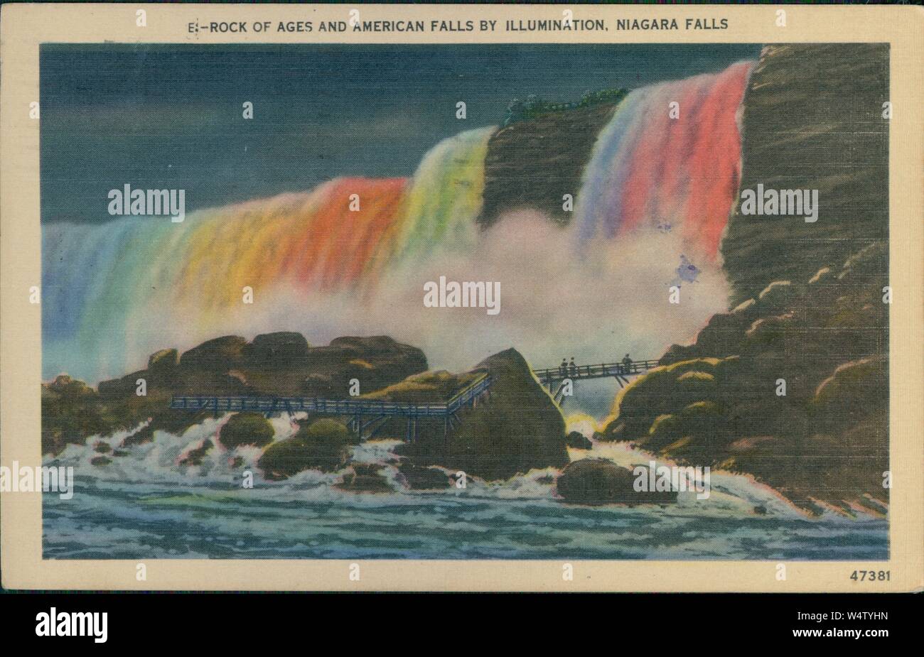 Vintage postcard reproduction of the Rock of Ages and American Falls by illumination, Niagara Falls, between the Canadian province of Ontario and the American state of New York, 1930. () Stock Photo
