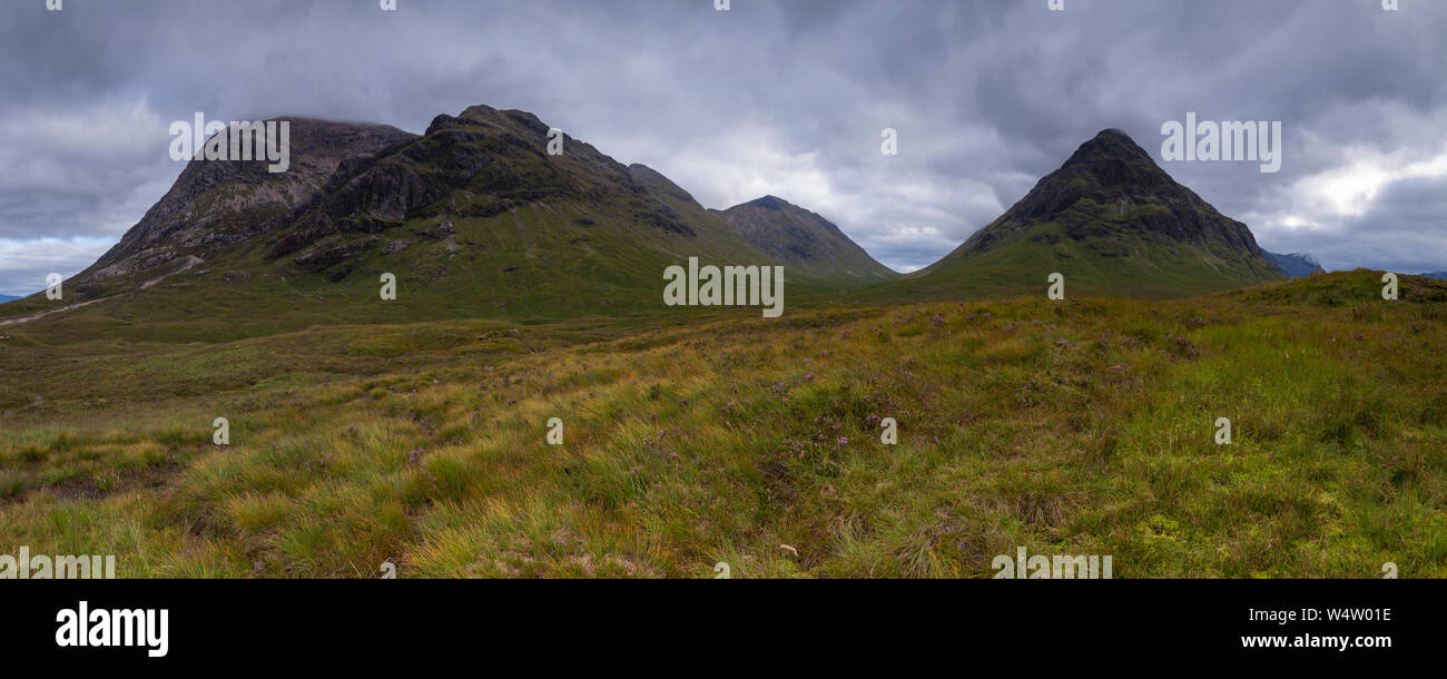 Panoramic view of Mountains of Glen coe and Glen etive including Buachaille Etive Mòr, Creise and meall a bhuiridh. Stock Photo