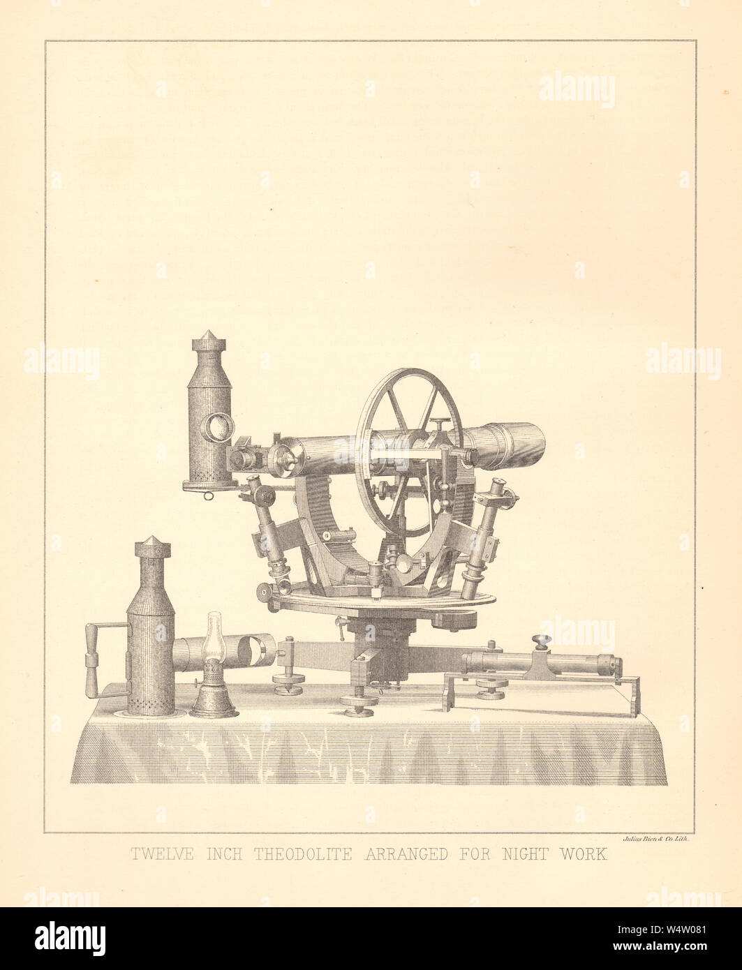 Twelve-inch Direction Theodolite, arranged for use at night, including lamps, striding level and vertical circle - Antiquarian bookplate illustration Stock Photo