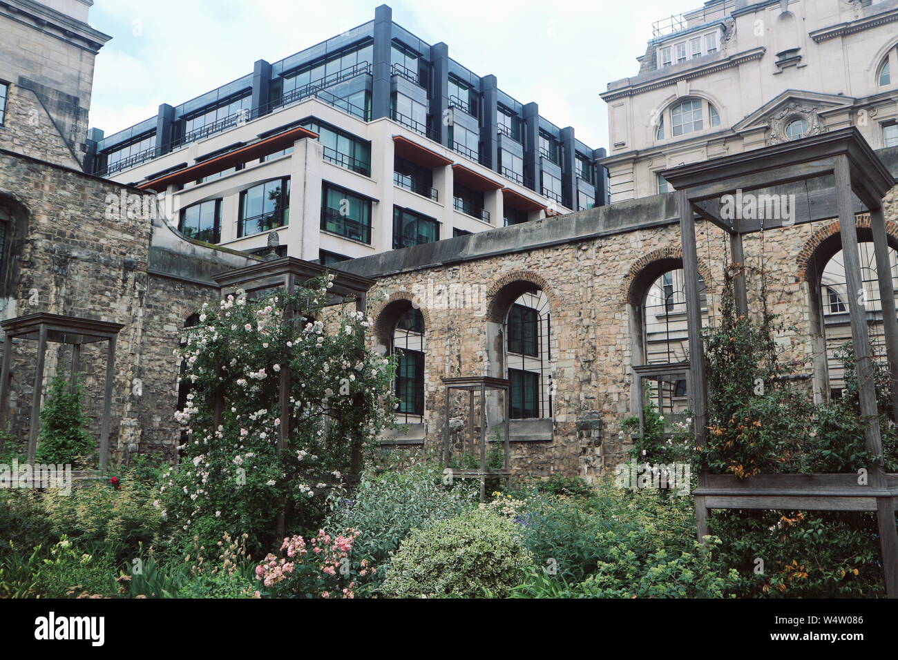 A garden with roses in the middle of the city of London, England, UK ...