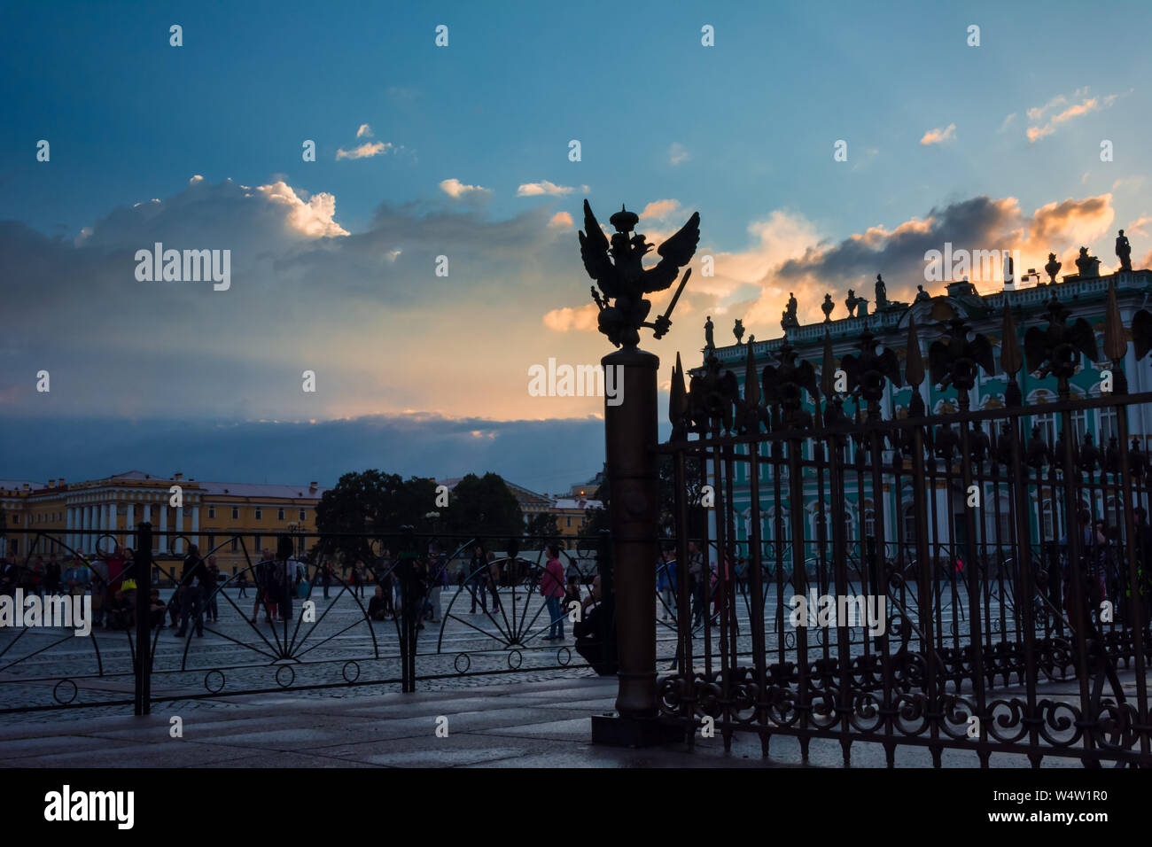 SAINT PETERSBURG, RUSSIA - JULY 15, 2016: Bronze State two-headed eagle on the fence of the Alexander Column on The Palace Square in St. Petersburg, R Stock Photo