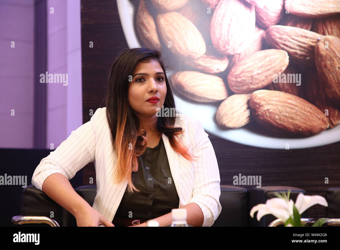 New Delhi, India. 25th July, 2019. Radio Jockey Shezzi from radio Mirchi  95.5 Hyderabad during a discussion on how helpful almonds for working women  as well everyone in daily life Credit: Jyoti