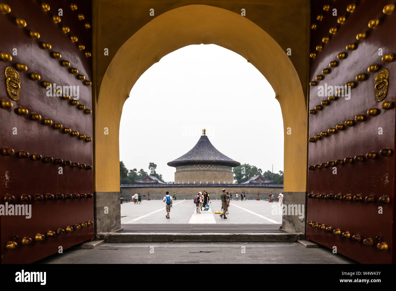 Beijing, China - May 26, 2018: The iconic hot-spot view of traveler walking to sea around Imperial Vault of Heaven, Huangqiongyu at The Temple of Heav Stock Photo